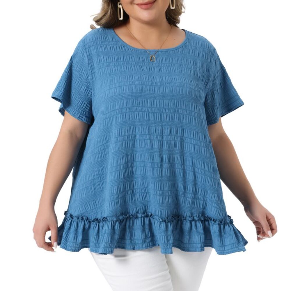 Women Plus Size Short Sleeve Summer Loose Fit Flowy Blouse Top Blue